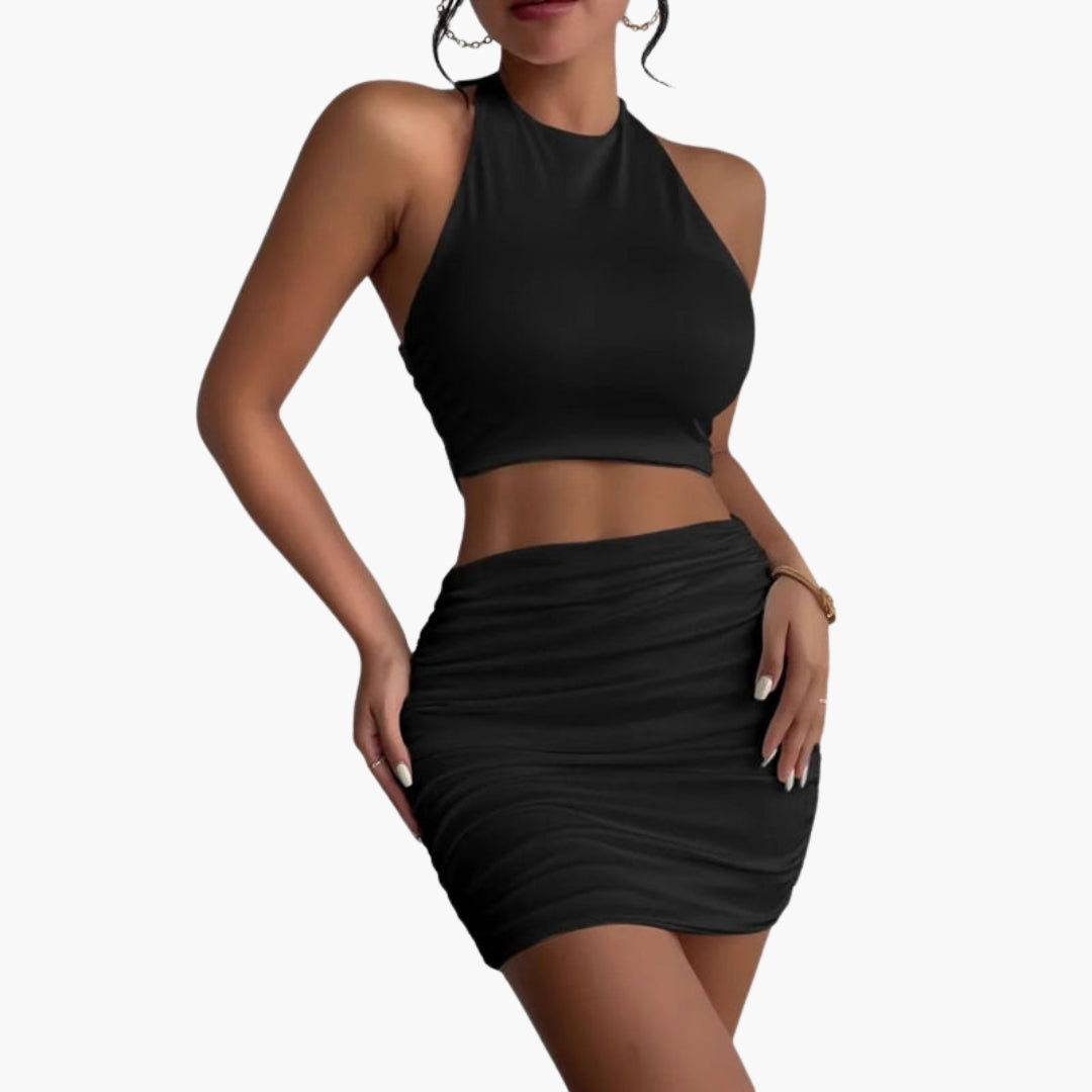Conjunto Mujer Dos Piezas con Top de Espalda Descubierta y Mini Falda
