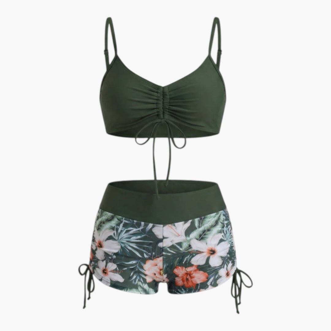 Ensemble bikini femme a bas taille haute à motif floral