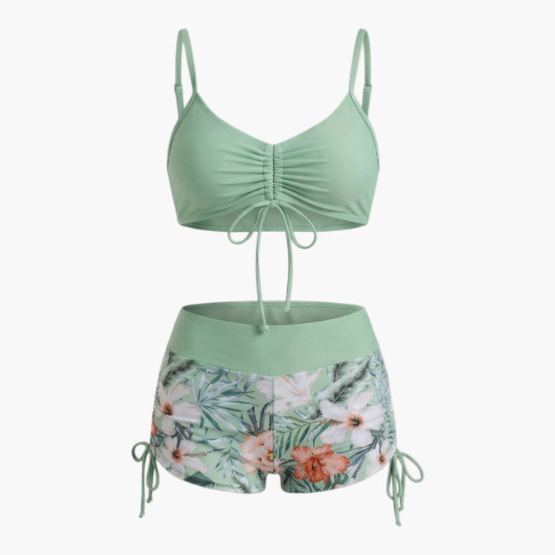 Ensemble bikini femme a bas taille haute à motif floral
