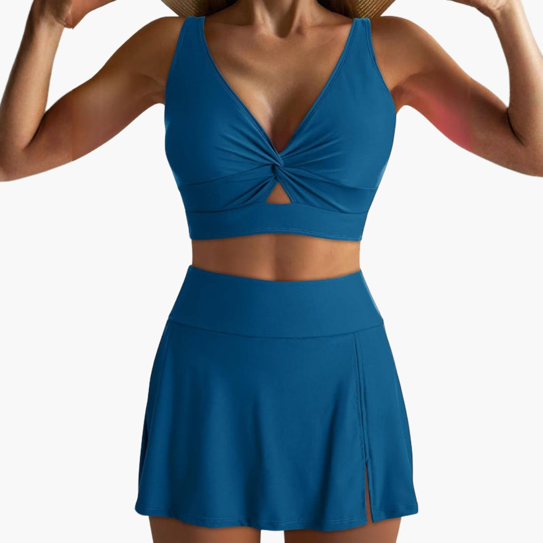 Bikini-Set für Damen mit gekreuztem Oberteil und Rock