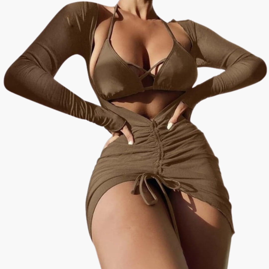 Ensemble bikini trois pièces femme a jupe longue en gaze