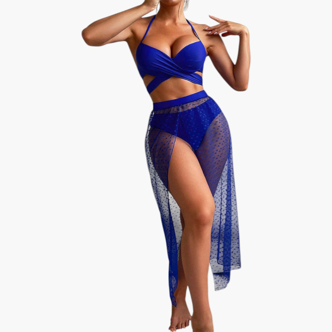 Tre-delt bikini sæt til kvinder med nederdel i netstof