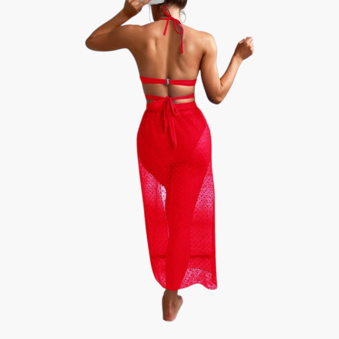 Tre-delt bikini sæt til kvinder med nederdel i netstof
