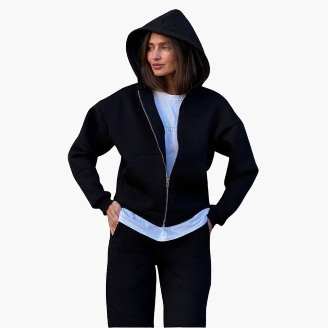 Women's sports set with long-sleeve top and pants with pockets