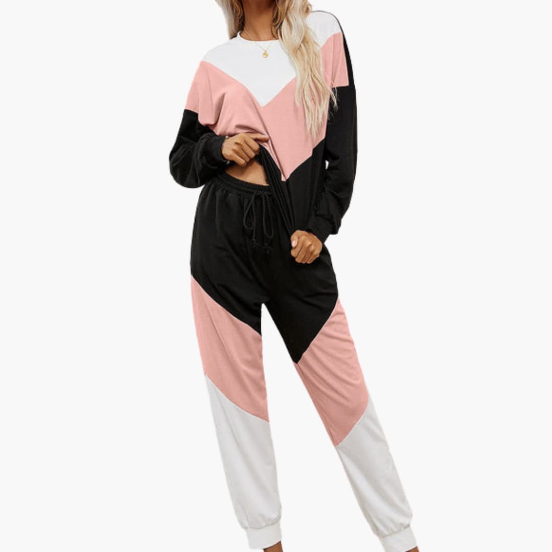 Ensemble de sport femme avec haut à panneaux contrastés et pantalon à taille élastique