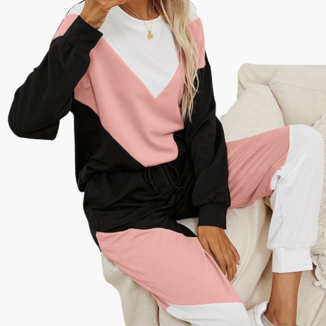 Ensemble de sport femme avec haut à panneaux contrastés et pantalon à taille élastique