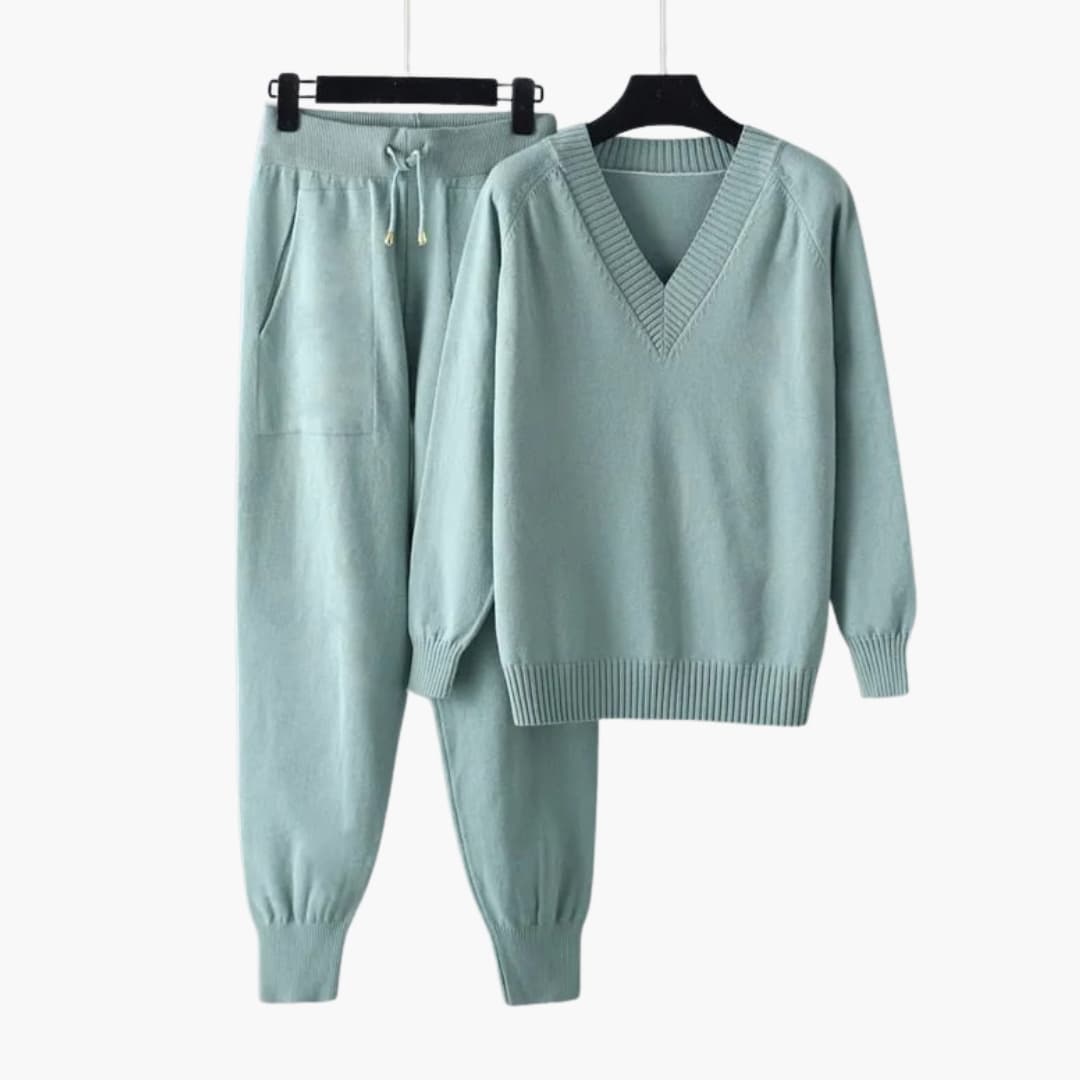 Conjunto de descanso para mujer en punto con top de cuello en V y pantalón de cintura elástica