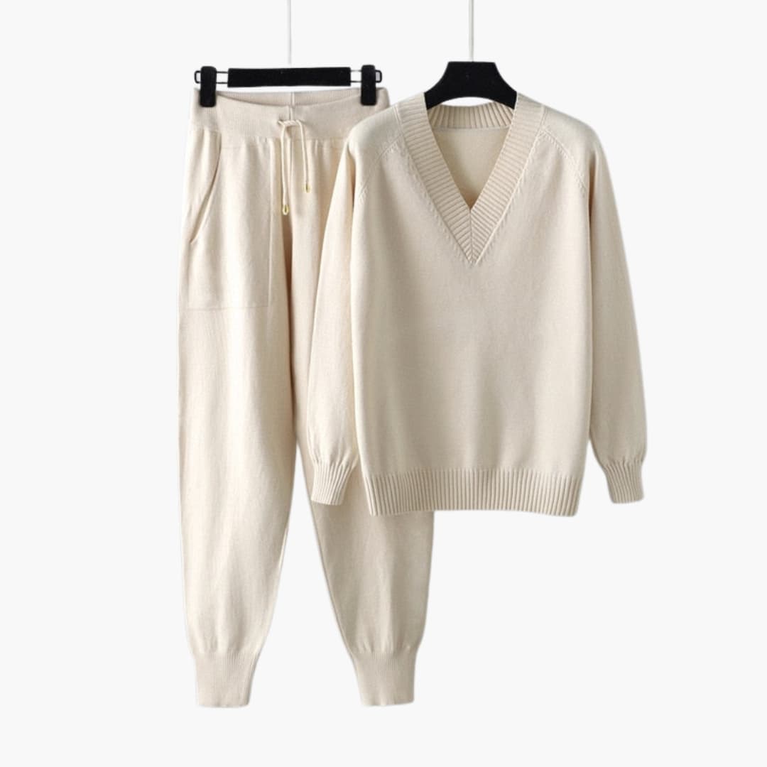 Conjunto de descanso para mujer en punto con top de cuello en V y pantalón de cintura elástica