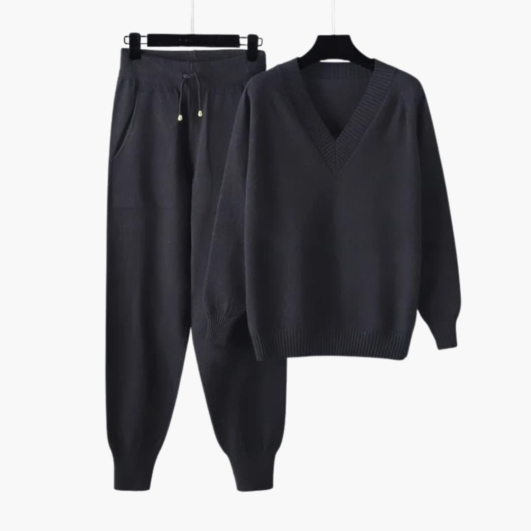 Conjunto de descanso para mujer en punto con top de cuello en V y pantalón de cintura elástica