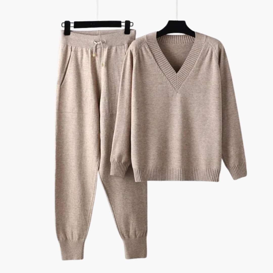 Conjunto de descanso para mujer en punto con top de cuello en V y pantalón de cintura elástica
