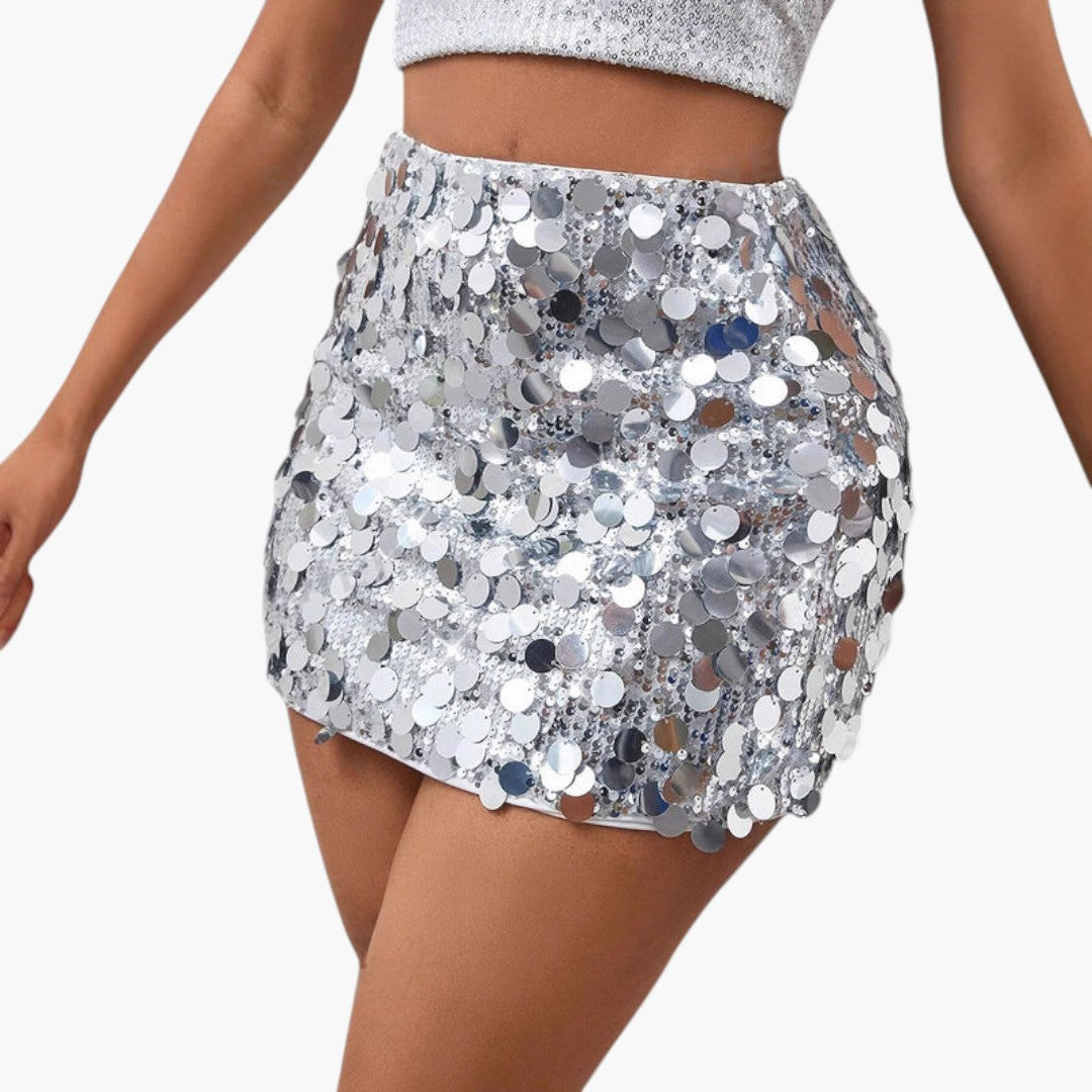 Women's outfit with sequin-decorated skirt