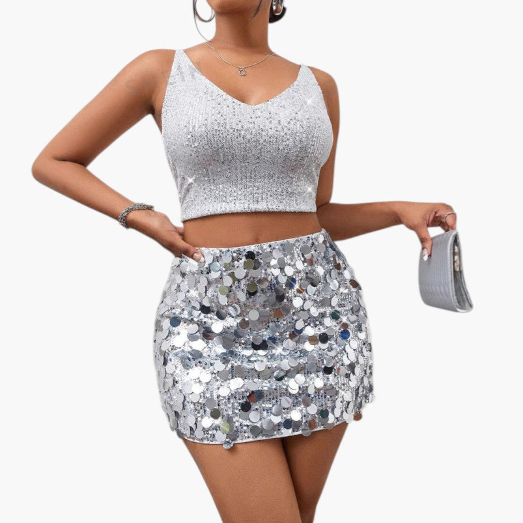 Women's outfit with sequin-decorated skirt
