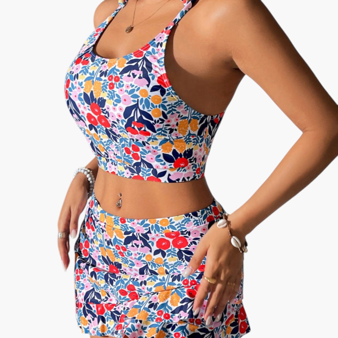 Conjunto de duas peças para senhora com top curto e saia