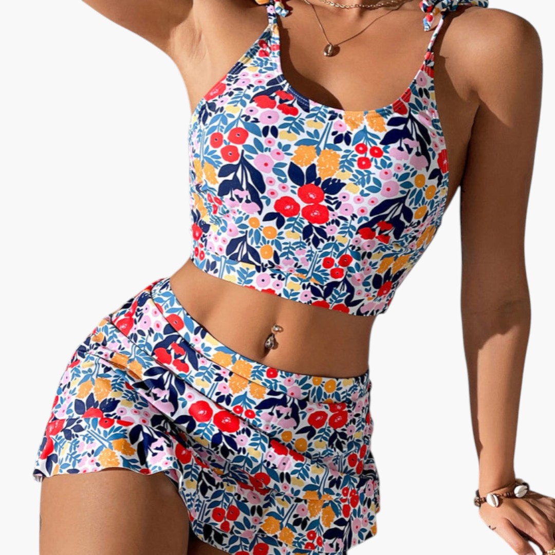Conjunto de duas peças para senhora com top curto e saia