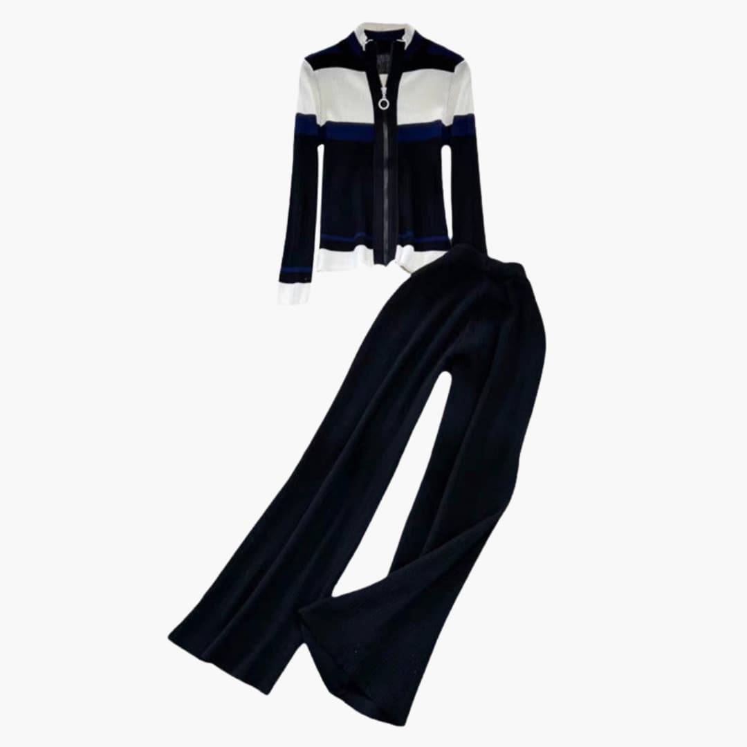 Damen-Set mit Reißverschluss-Cardigan und ausgestellten gemusterten Hosen