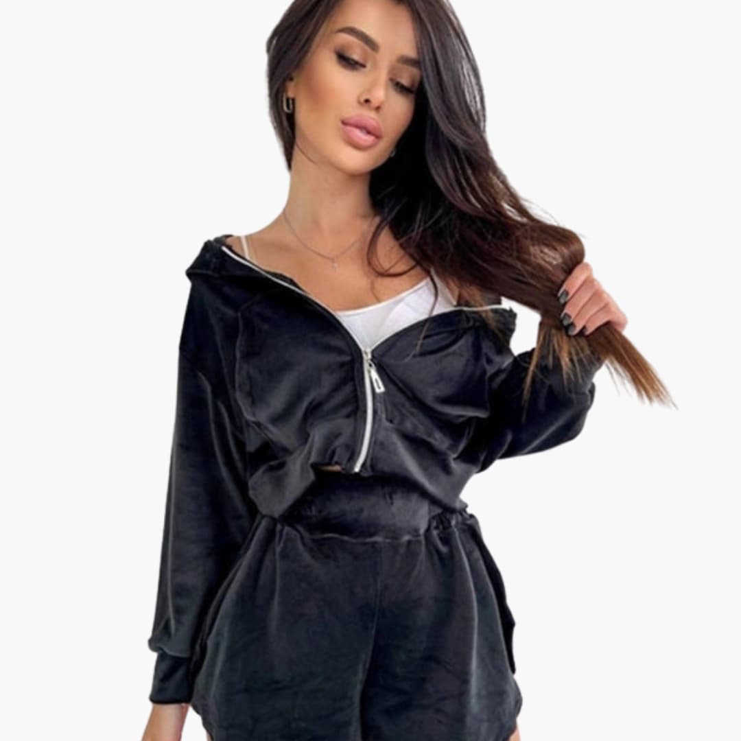 Ensemble femme hoodie court et short à fermeture zippée et taille élastique