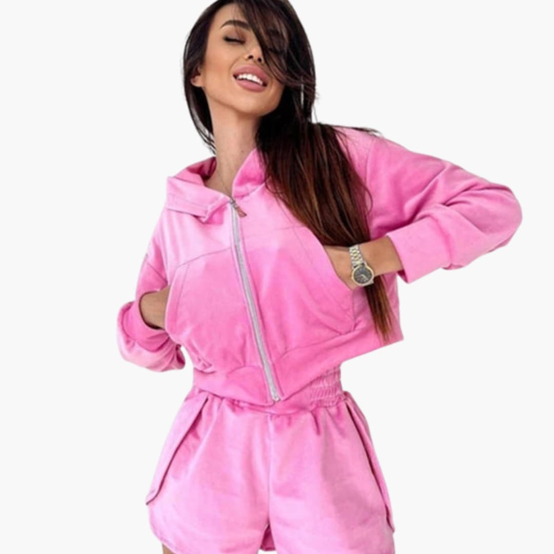 Ensemble femme hoodie court et short à fermeture zippée et taille élastique