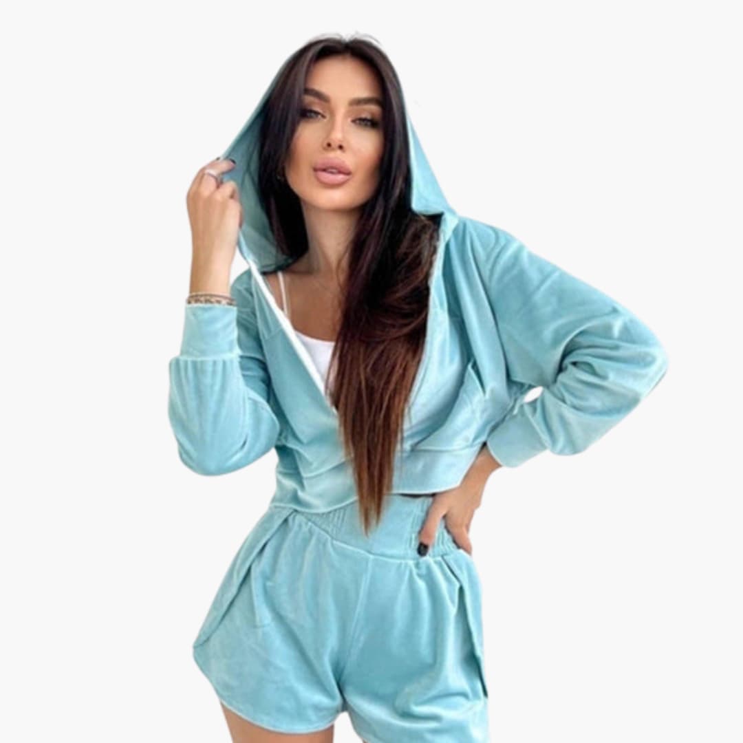 Ensemble femme hoodie court et short à fermeture zippée et taille élastique