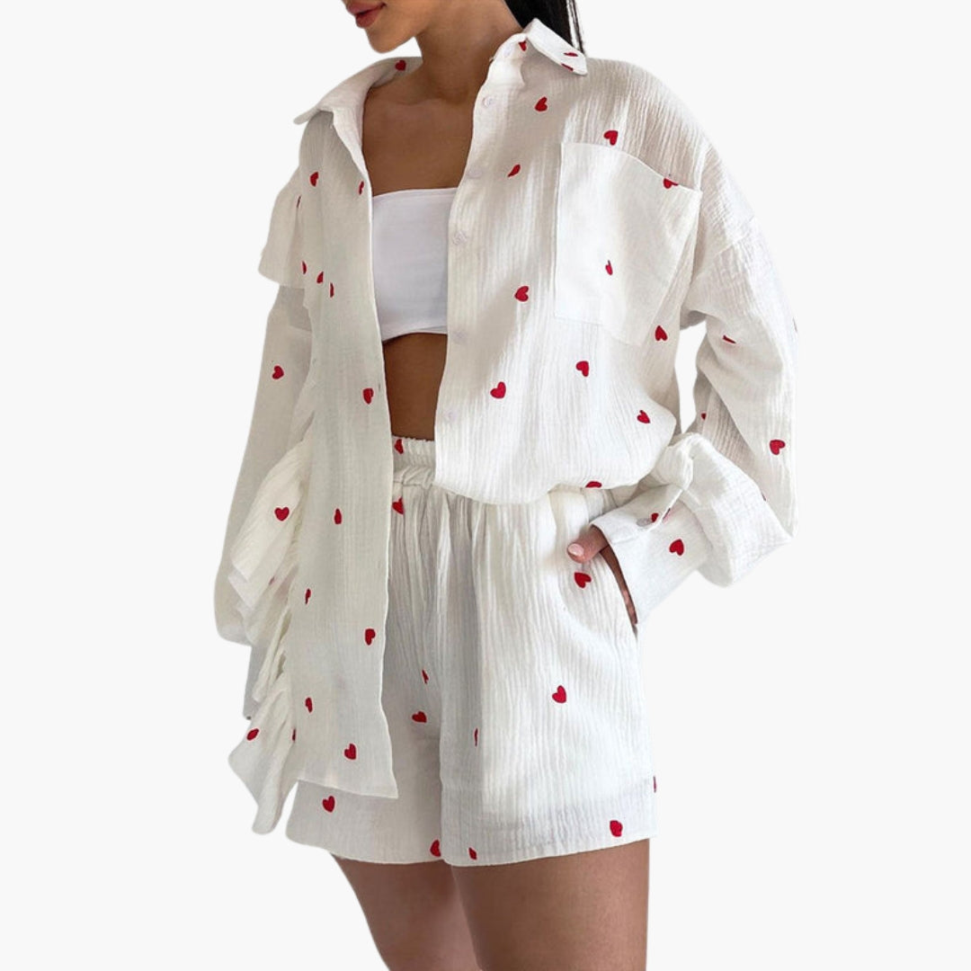 Damen-Set mit Herzmuster und kurzem Ärmelshirt