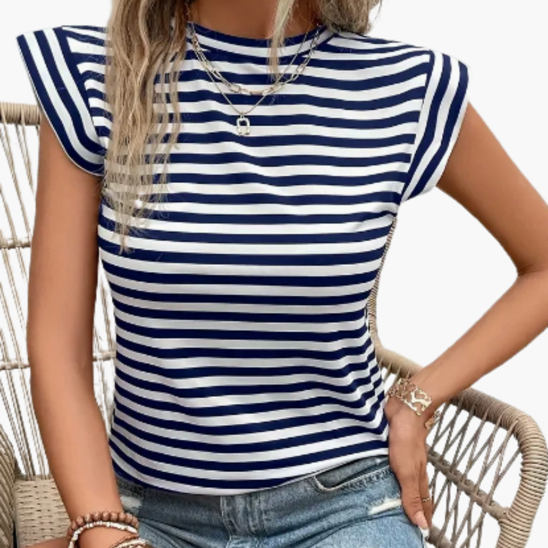 Dame T-shirt med rund hals og vandrette striber