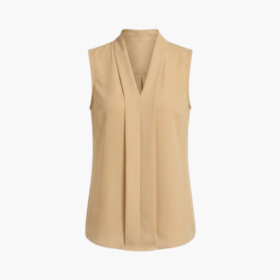 Dames mouwloze top met V-hals en plooien aan de voorkant