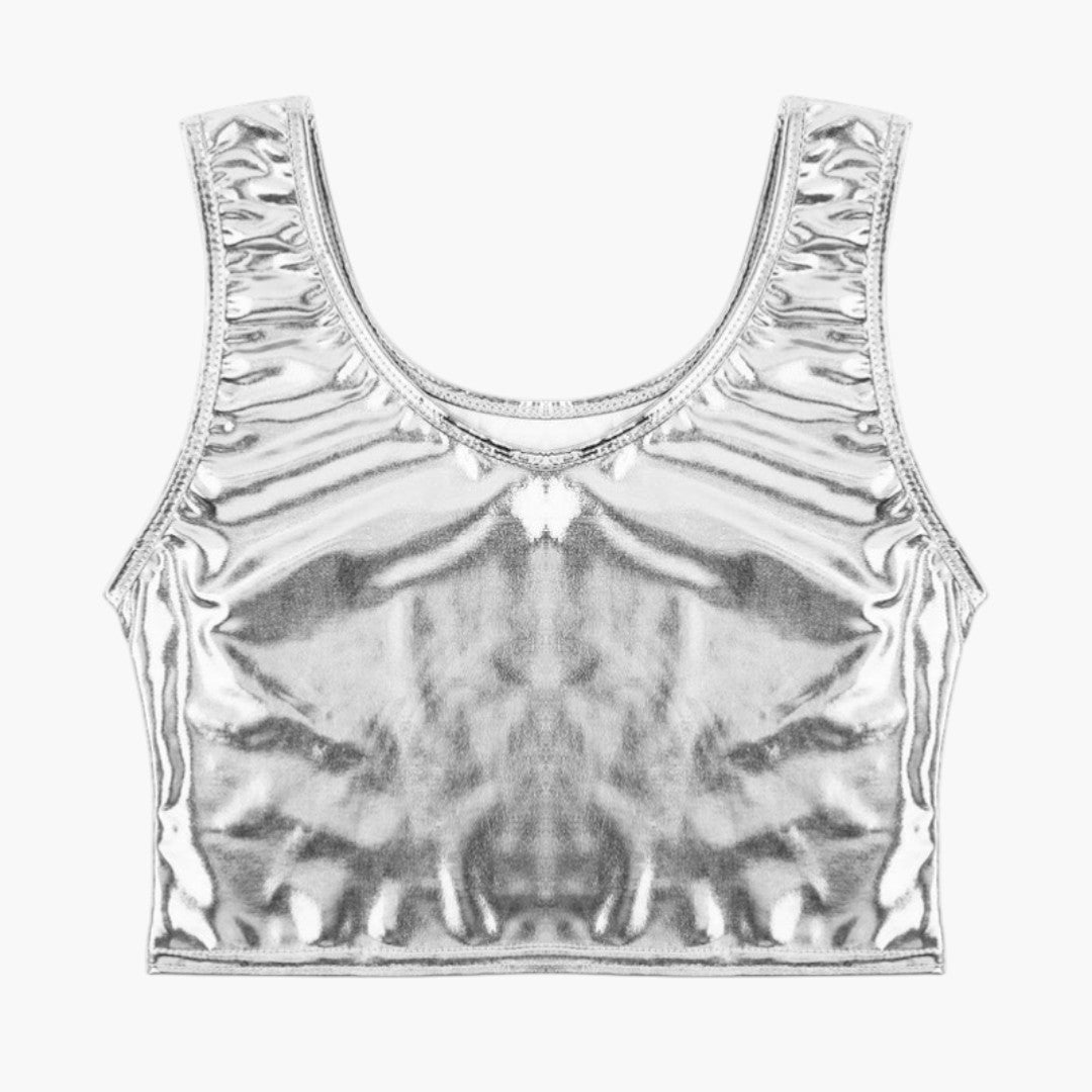 Top curto para mulher com decote aberto e superfície brilhante
