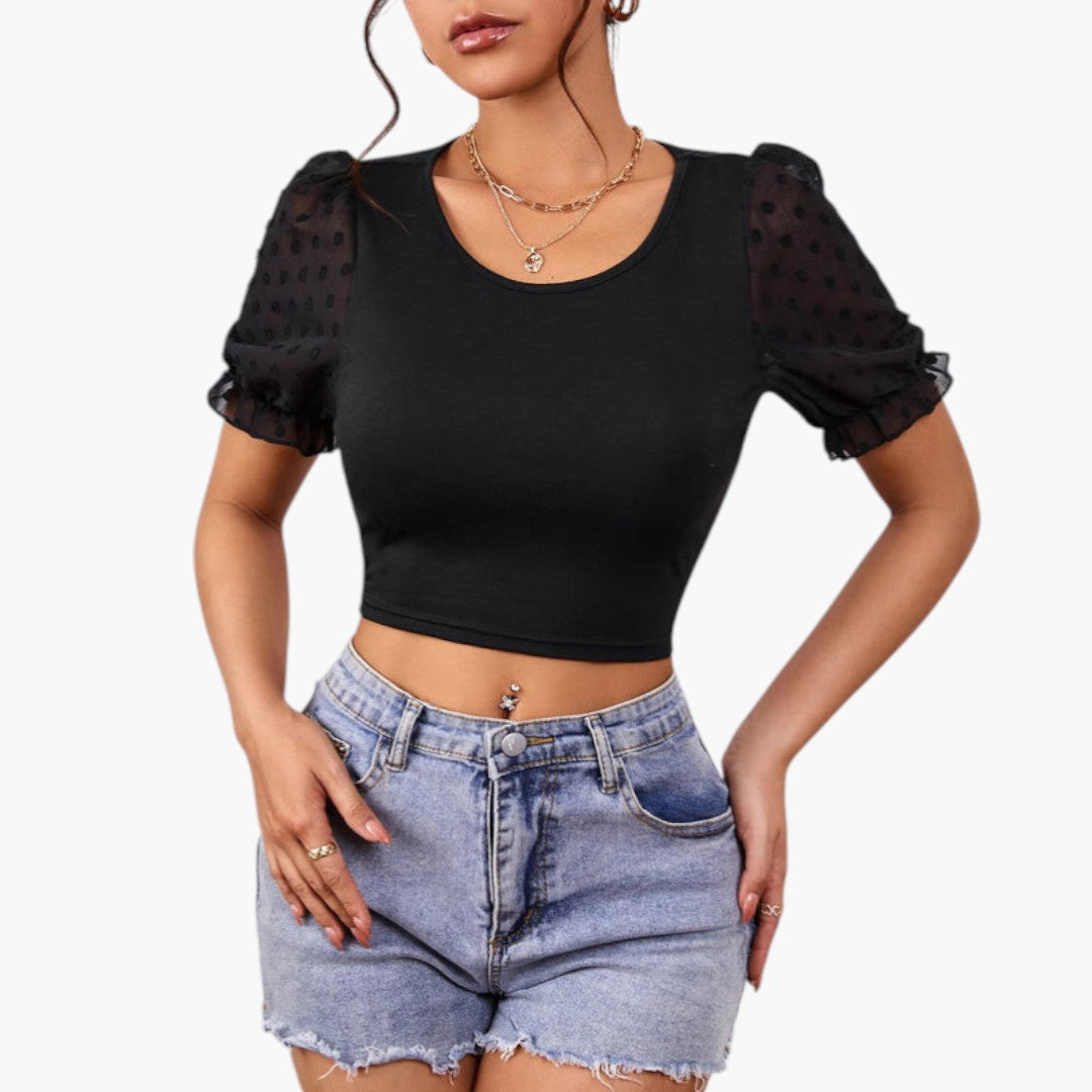Top corto para mujer con escote redondo y mangas abullonadas