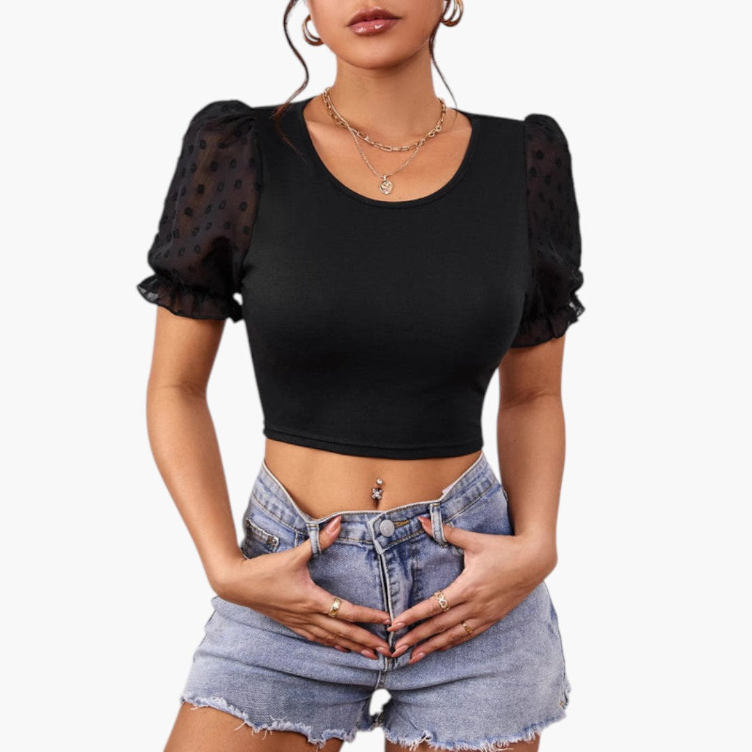 Top corto para mujer con escote redondo y mangas abullonadas
