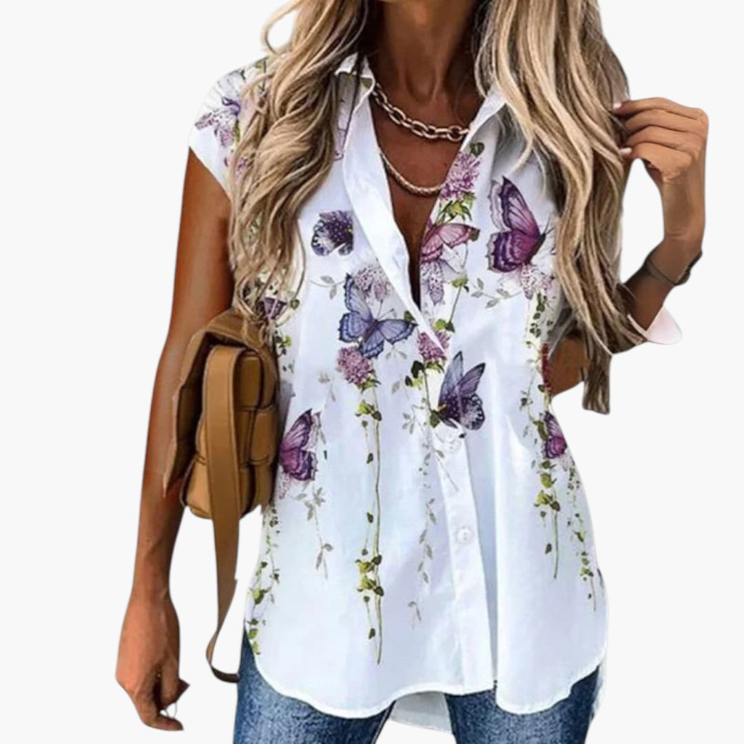 Women's top with butterfly print and button placket