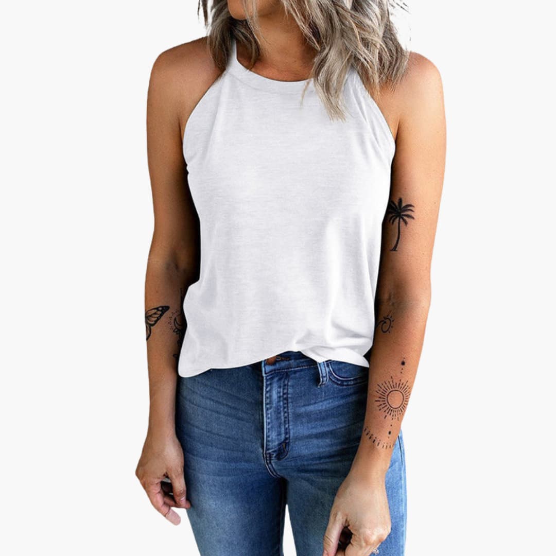 Women's sleeveless top with high neckline and loose fit