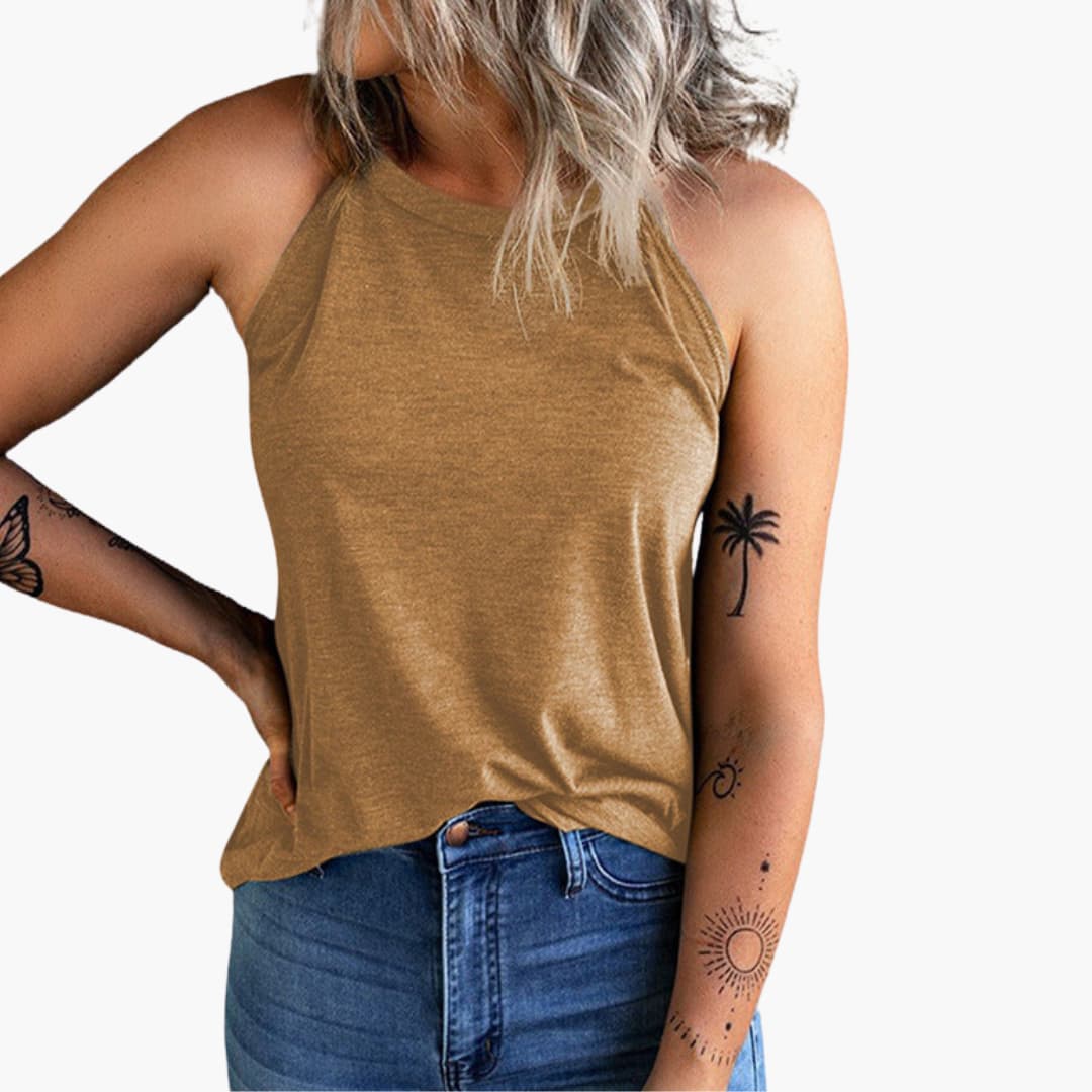 Women's sleeveless top with high neckline and loose fit