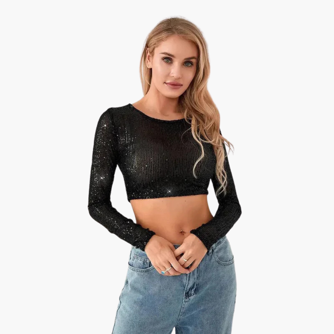 Top para mujer de manga larga con escote redondo y exterior de lentejuelas