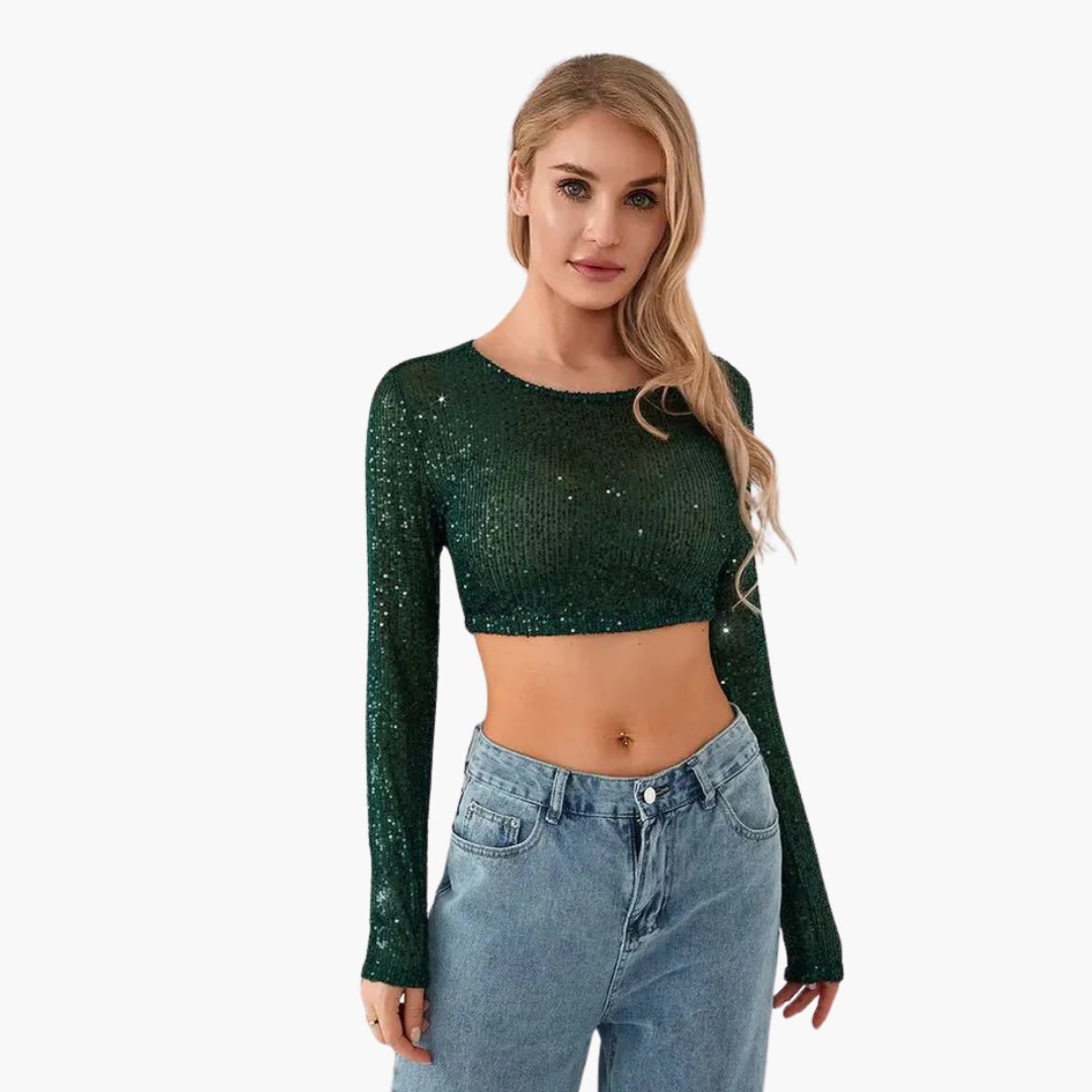 Top para mujer de manga larga con escote redondo y exterior de lentejuelas