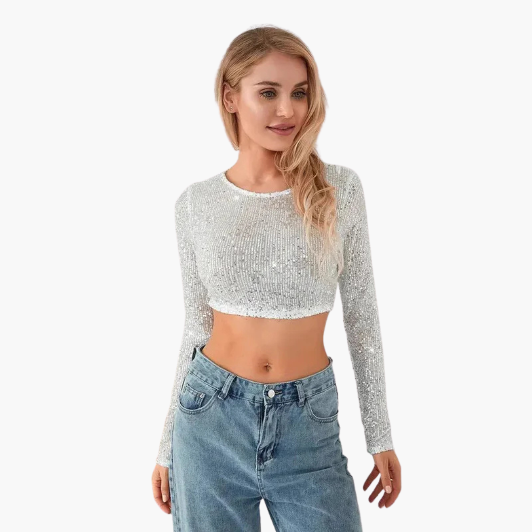 Top para mujer de manga larga con escote redondo y exterior de lentejuelas