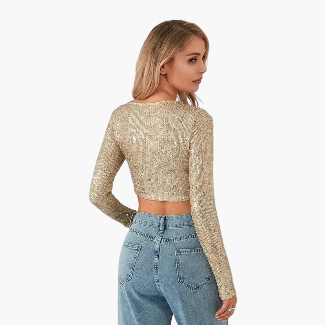 Top para mujer de manga larga con escote redondo y exterior de lentejuelas