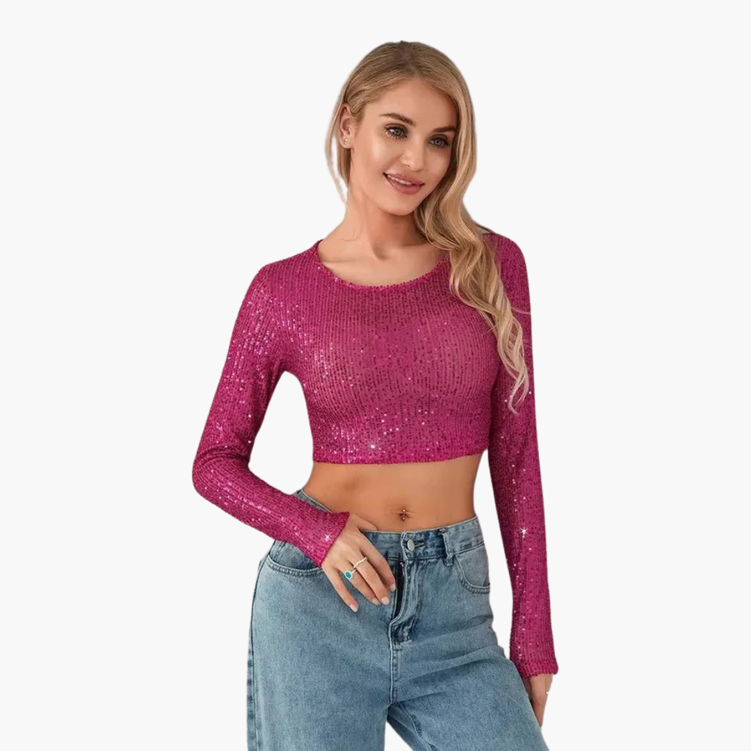 Top para mujer de manga larga con escote redondo y exterior de lentejuelas