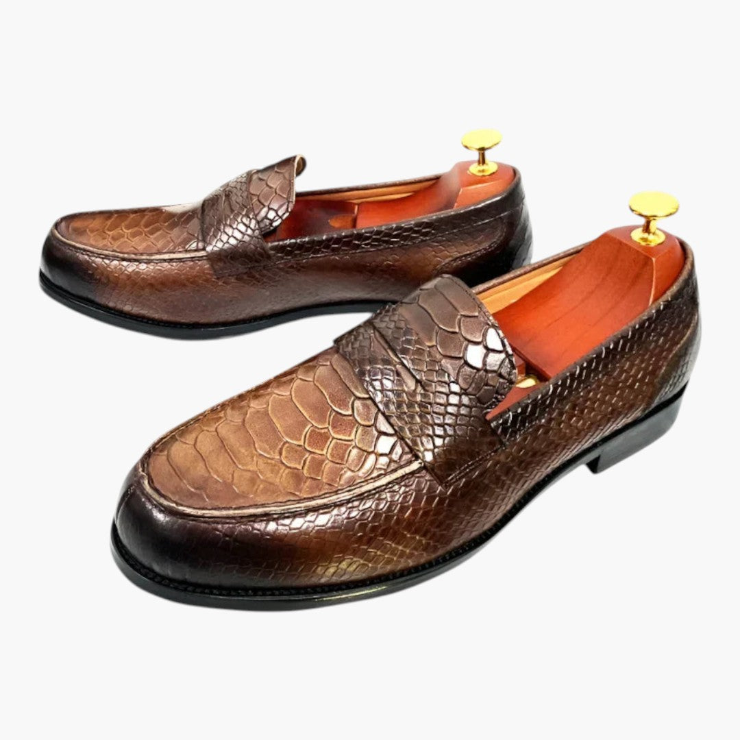 Homme Mocassins en Cuir avec Motif Serpent et Semelle Plate