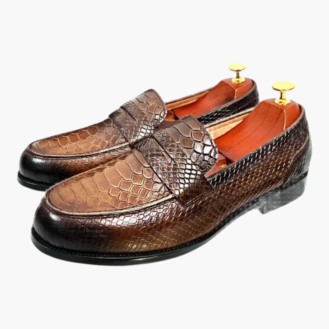Homme Mocassins en Cuir avec Motif Serpent et Semelle Plate