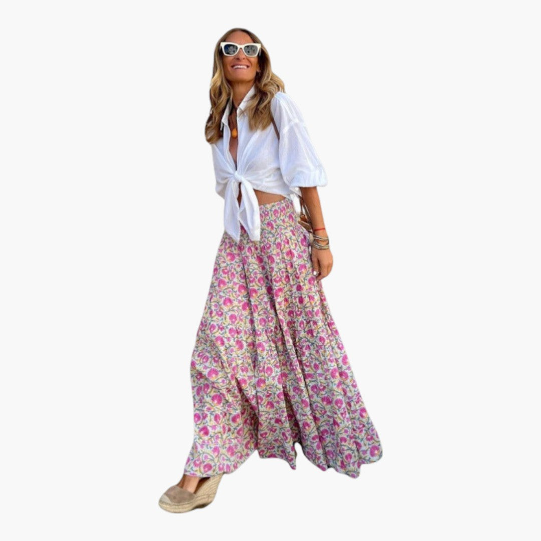 Maxi nederdel til kvinder med elastisk talje og blomsterprint