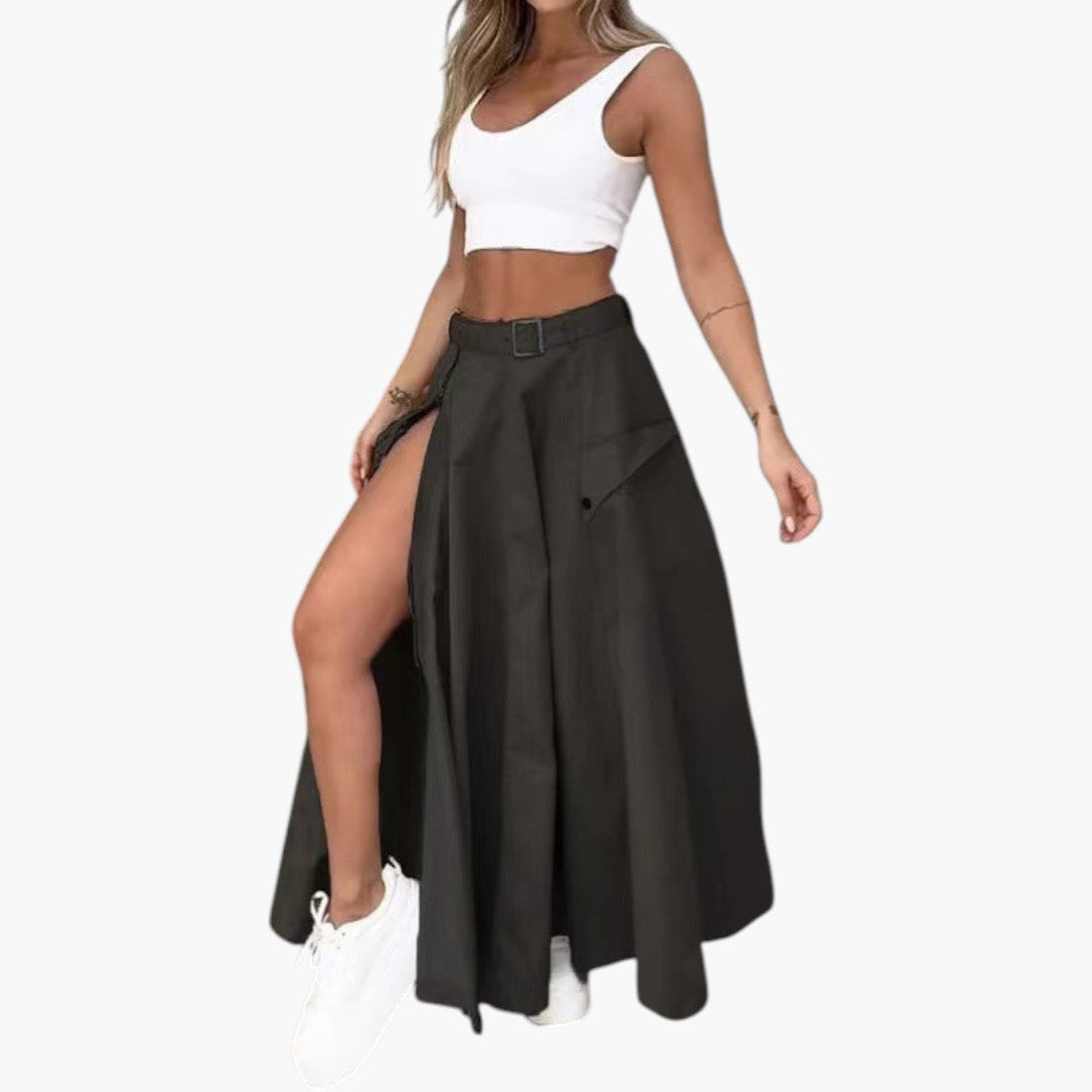Saia Maxi Feminina com Cintura Cintada e Fenda Lateral