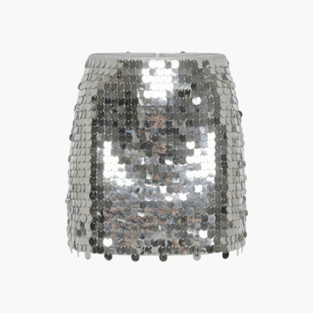 Gonna corta da donna con vita alta e superficie di paillettes