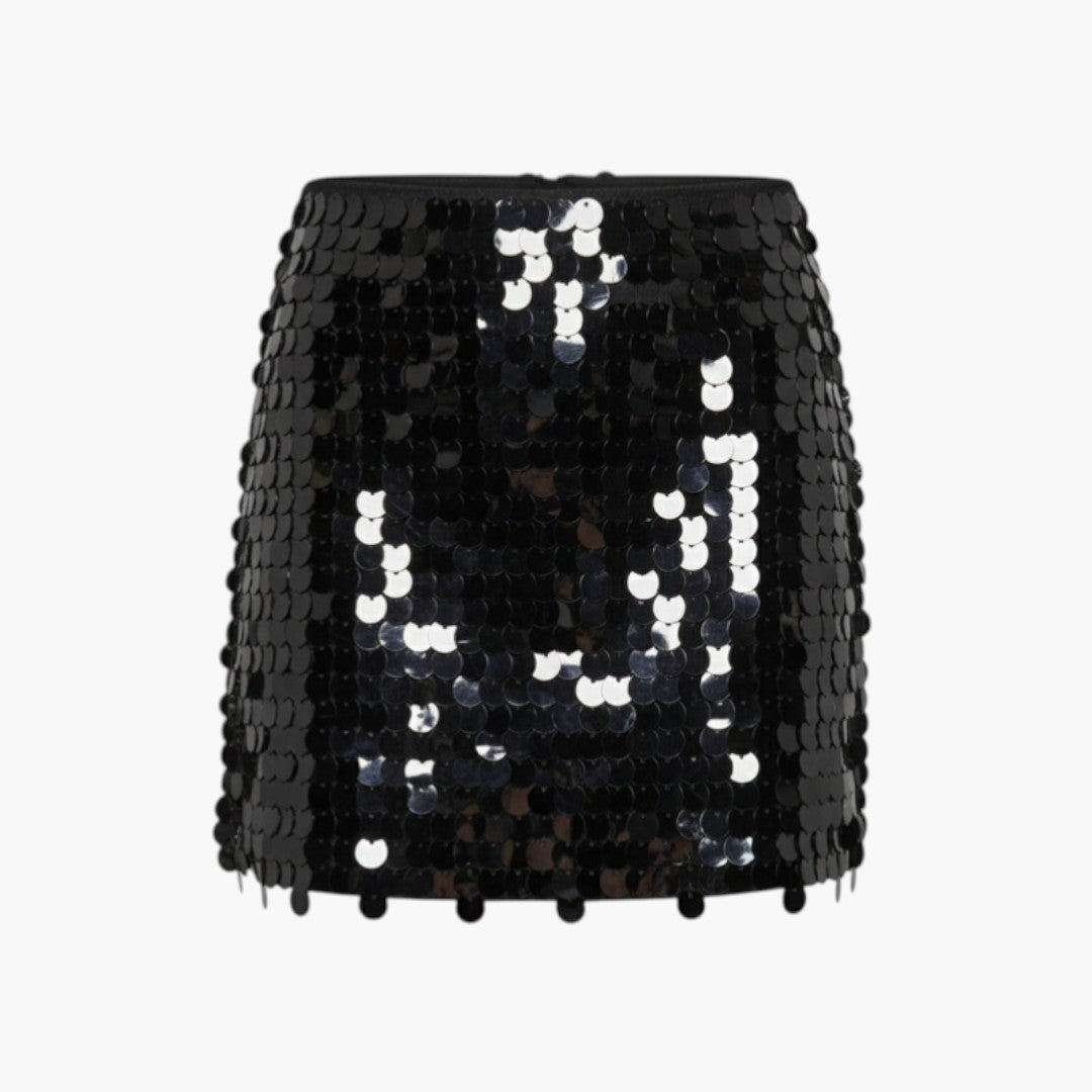 Gonna corta da donna con vita alta e superficie di paillettes