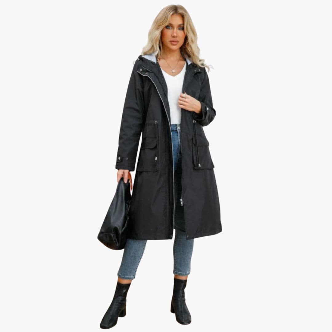Abrigo para mujer con capucha y cintura ajustable
