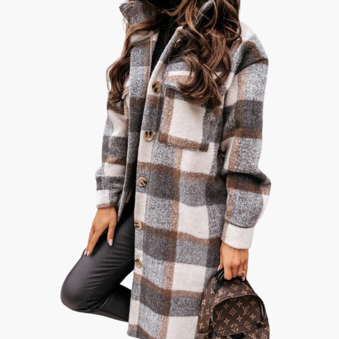 Long plaid coat for women with button closure and front pockets