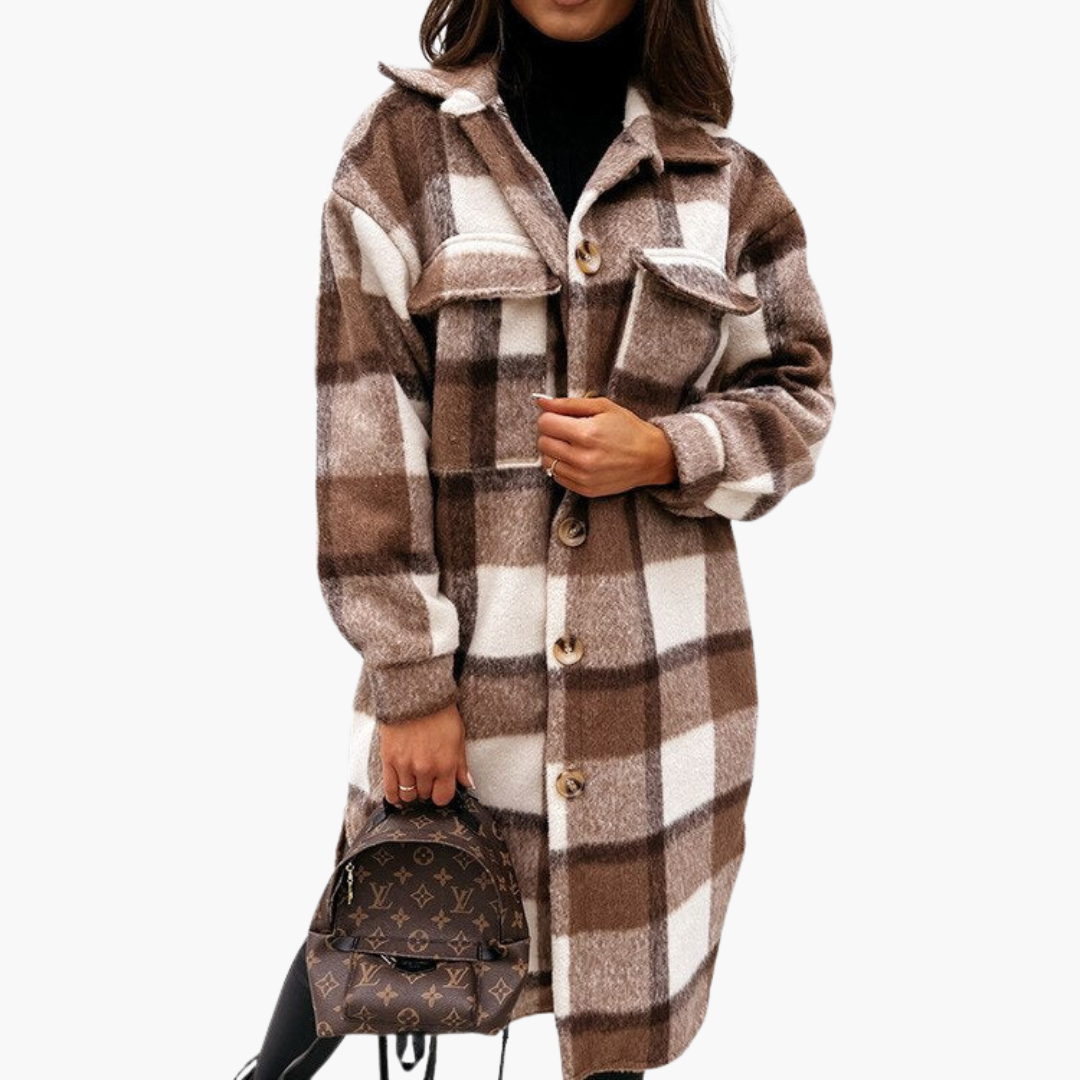 Long plaid coat for women with button closure and front pockets