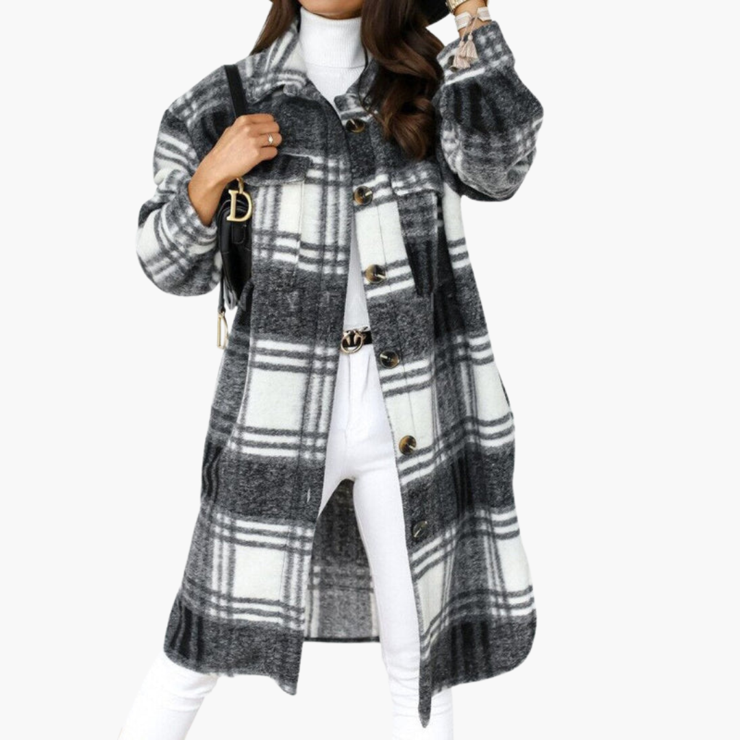 Long plaid coat for women with button closure and front pockets