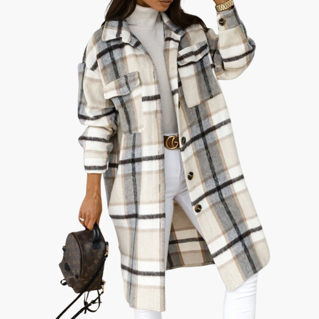 Long plaid coat for women with button closure and front pockets