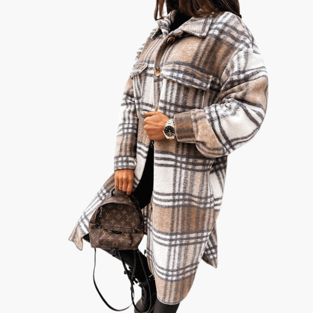 Long plaid coat for women with button closure and front pockets