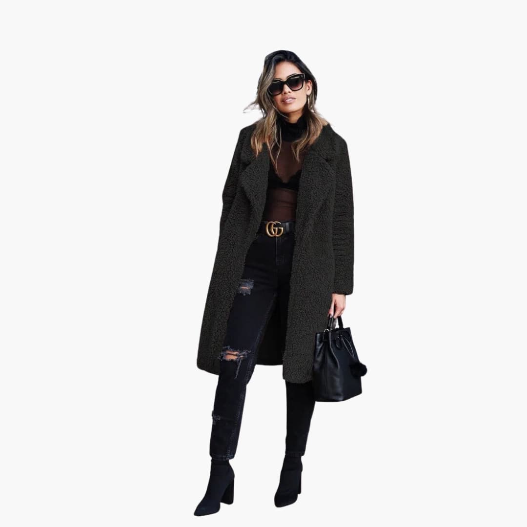 Manteau long femme avec col à revers et surface pelucheuse