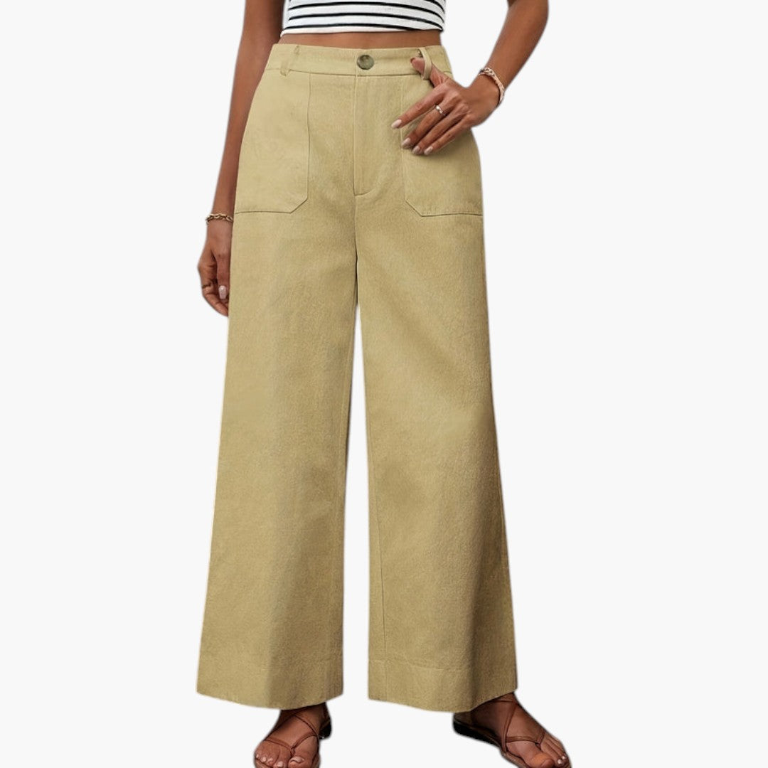Pantalon Femme Taille Haute avec Fermeture Zippée et Poches Latérales